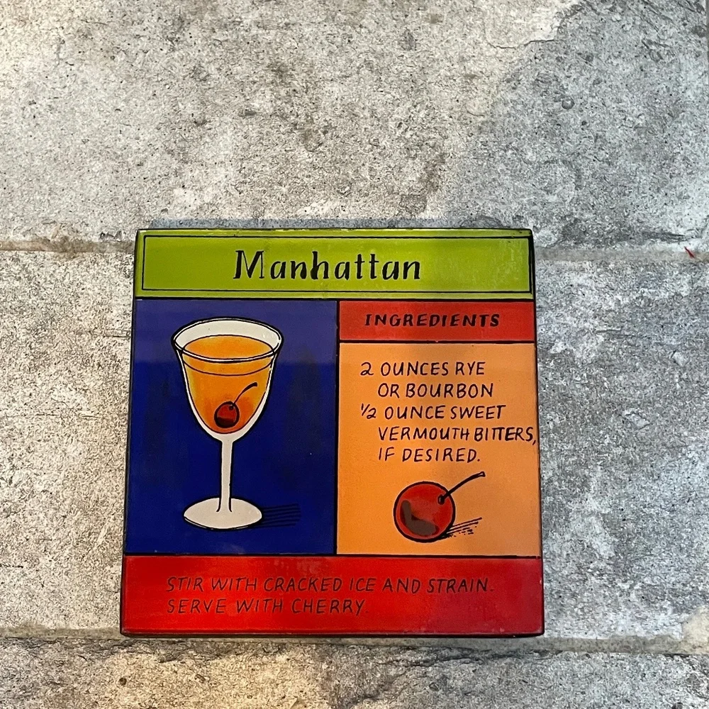 ❤️ CRATE & BARREL PAINTED DRINK RECIPE COASTERS SET OF 4 NEW